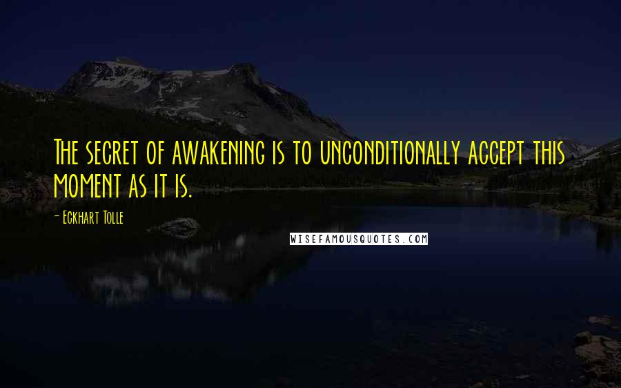 Eckhart Tolle Quotes: The secret of awakening is to unconditionally accept this moment as it is.