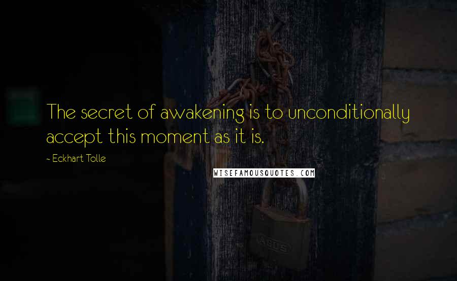 Eckhart Tolle Quotes: The secret of awakening is to unconditionally accept this moment as it is.