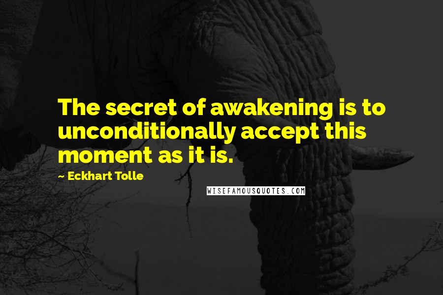 Eckhart Tolle Quotes: The secret of awakening is to unconditionally accept this moment as it is.