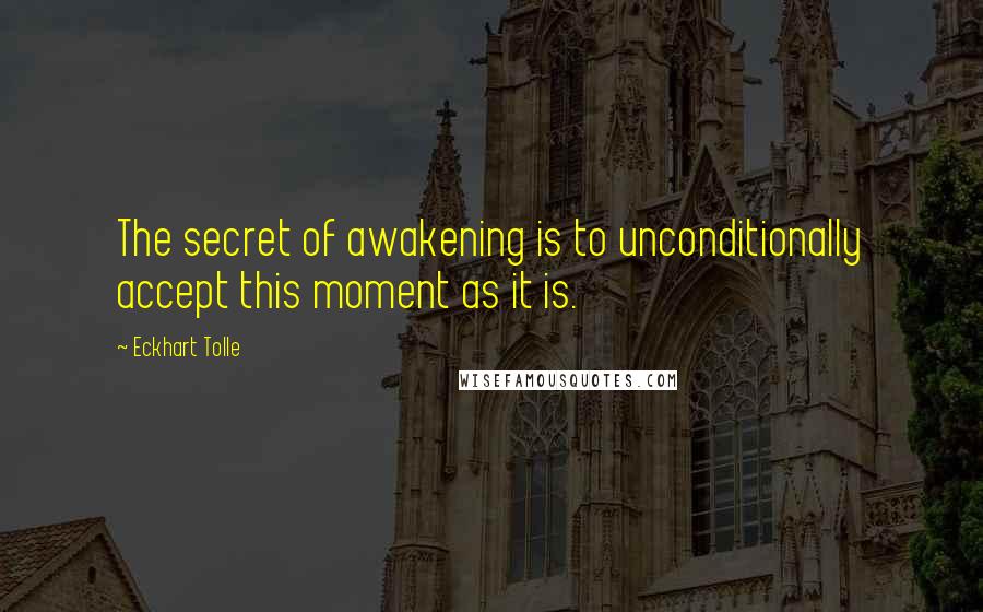 Eckhart Tolle Quotes: The secret of awakening is to unconditionally accept this moment as it is.