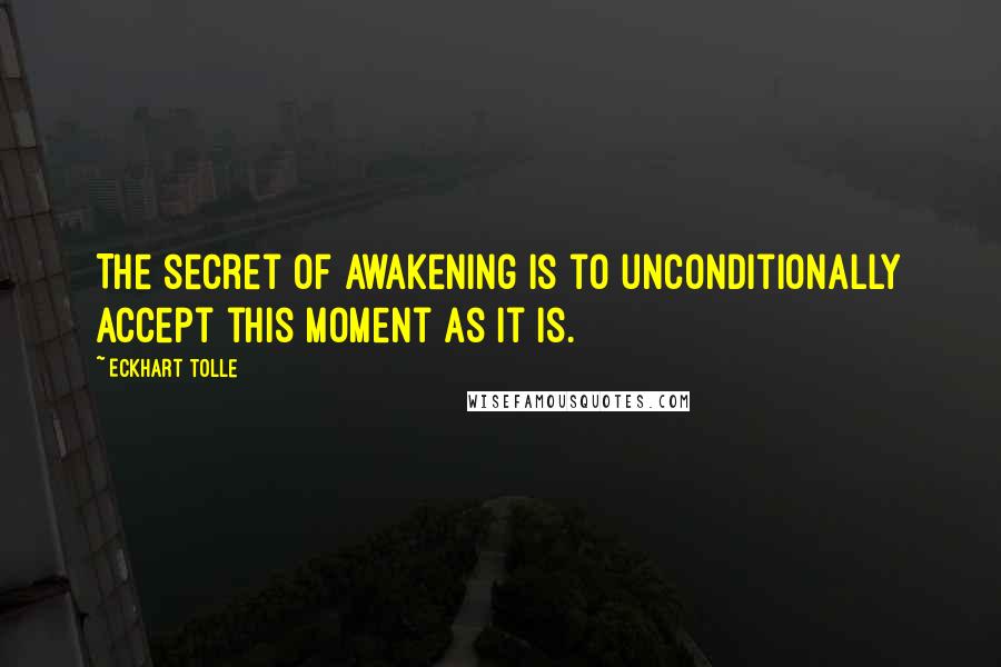 Eckhart Tolle Quotes: The secret of awakening is to unconditionally accept this moment as it is.