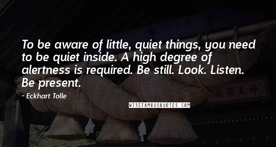 Eckhart Tolle Quotes: To be aware of little, quiet things, you need to be quiet inside. A high degree of alertness is required. Be still. Look. Listen. Be present.