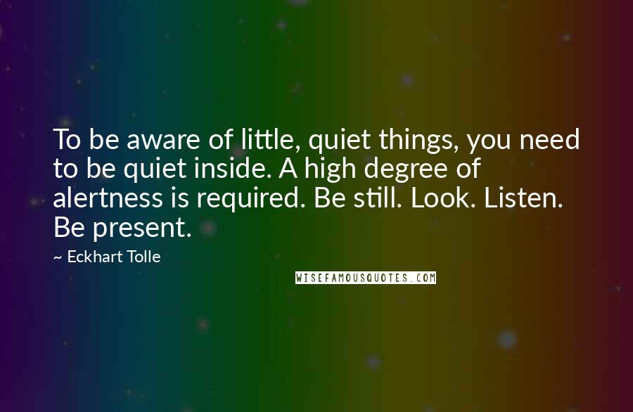 Eckhart Tolle Quotes: To be aware of little, quiet things, you need to be quiet inside. A high degree of alertness is required. Be still. Look. Listen. Be present.