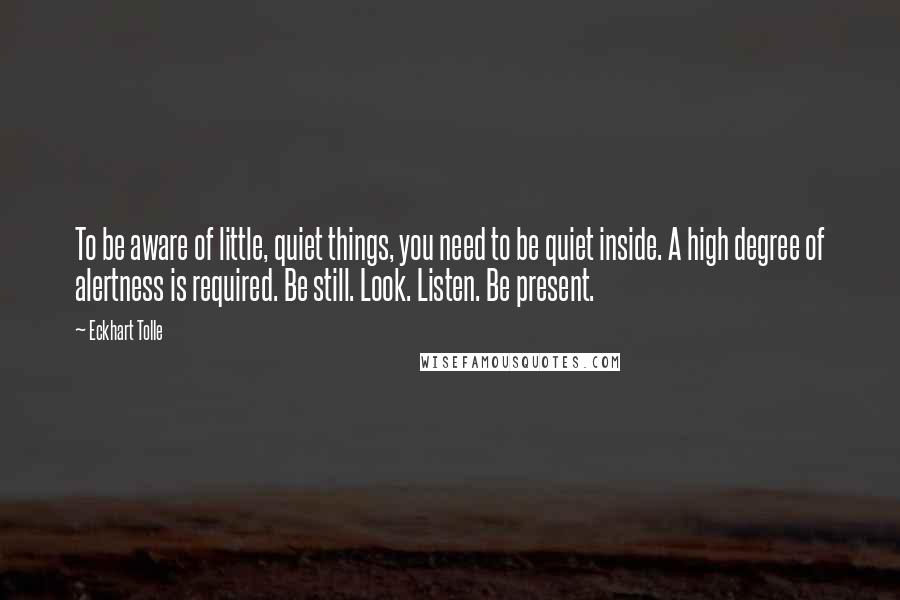 Eckhart Tolle Quotes: To be aware of little, quiet things, you need to be quiet inside. A high degree of alertness is required. Be still. Look. Listen. Be present.