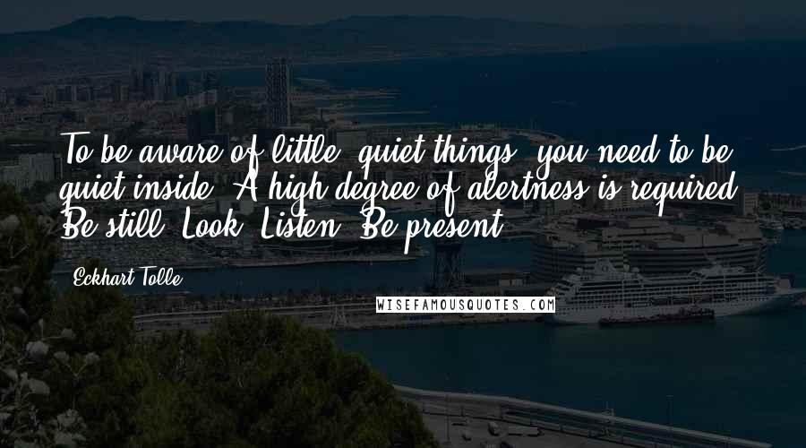Eckhart Tolle Quotes: To be aware of little, quiet things, you need to be quiet inside. A high degree of alertness is required. Be still. Look. Listen. Be present.