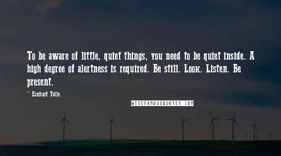 Eckhart Tolle Quotes: To be aware of little, quiet things, you need to be quiet inside. A high degree of alertness is required. Be still. Look. Listen. Be present.