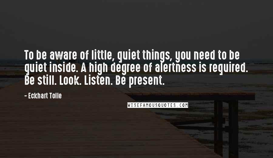 Eckhart Tolle Quotes: To be aware of little, quiet things, you need to be quiet inside. A high degree of alertness is required. Be still. Look. Listen. Be present.
