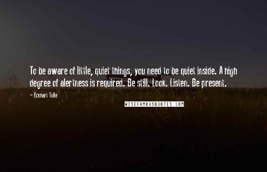 Eckhart Tolle Quotes: To be aware of little, quiet things, you need to be quiet inside. A high degree of alertness is required. Be still. Look. Listen. Be present.