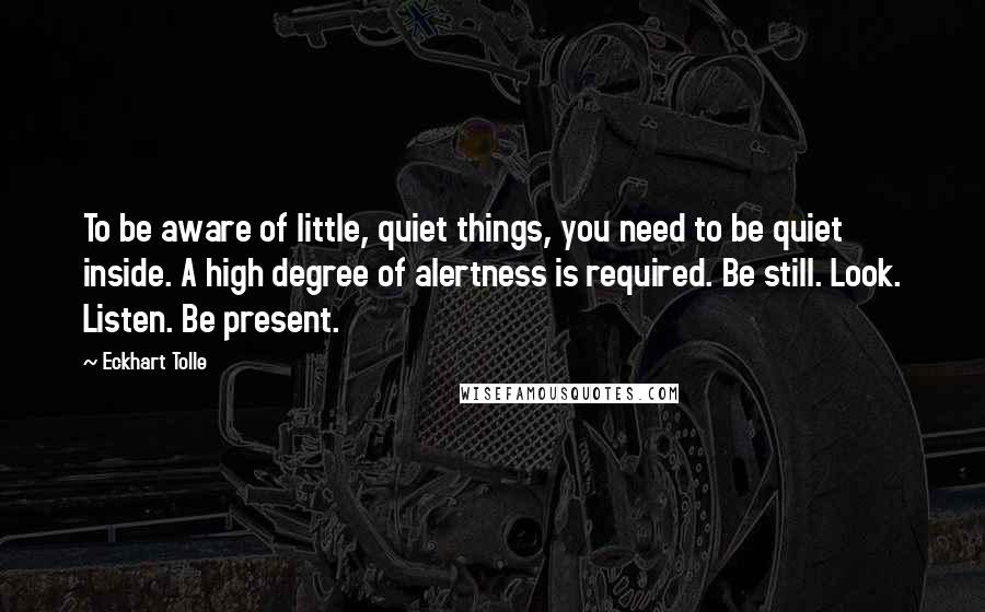 Eckhart Tolle Quotes: To be aware of little, quiet things, you need to be quiet inside. A high degree of alertness is required. Be still. Look. Listen. Be present.