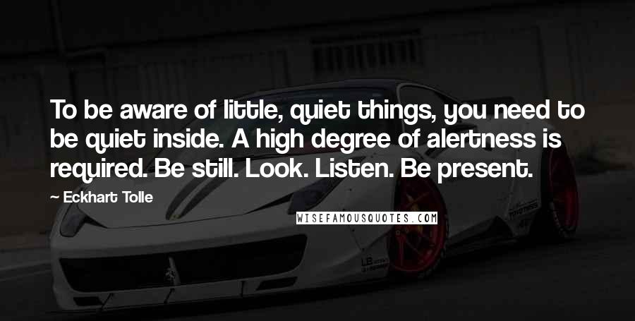 Eckhart Tolle Quotes: To be aware of little, quiet things, you need to be quiet inside. A high degree of alertness is required. Be still. Look. Listen. Be present.