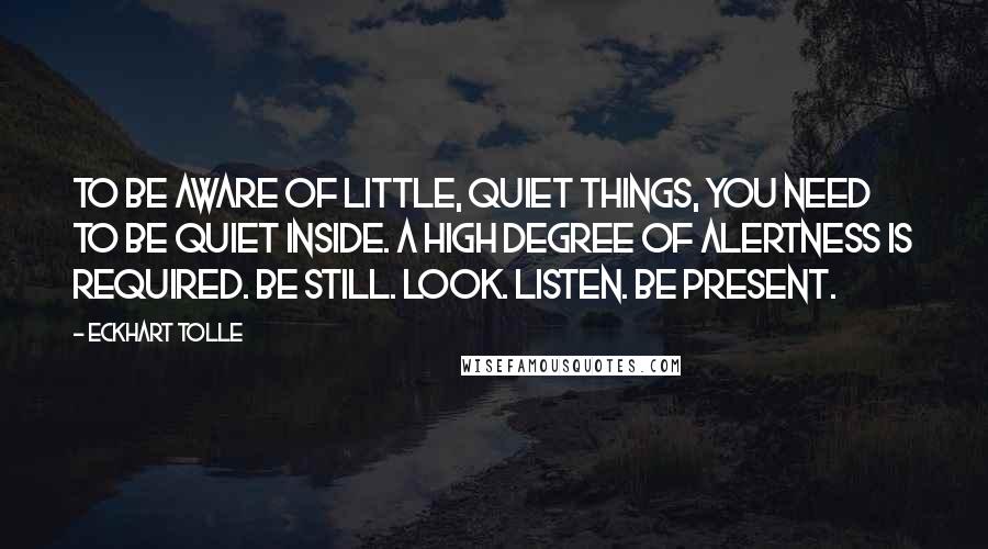 Eckhart Tolle Quotes: To be aware of little, quiet things, you need to be quiet inside. A high degree of alertness is required. Be still. Look. Listen. Be present.