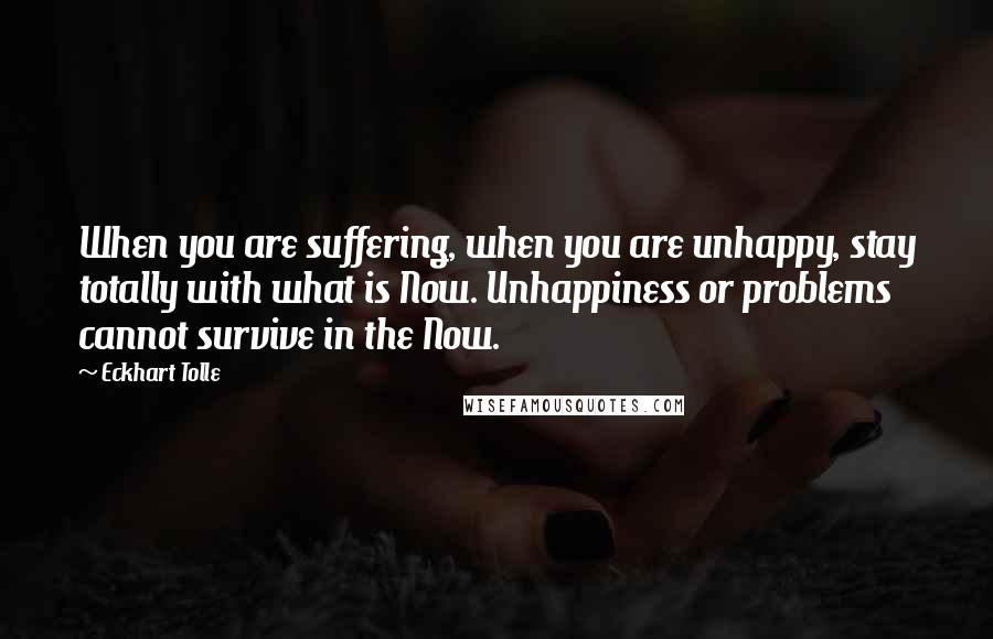 Eckhart Tolle Quotes: When you are suffering, when you are unhappy, stay totally with what is Now. Unhappiness or problems cannot survive in the Now.