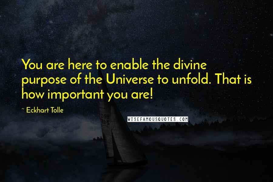 Eckhart Tolle Quotes: You are here to enable the divine purpose of the Universe to unfold. That is how important you are!