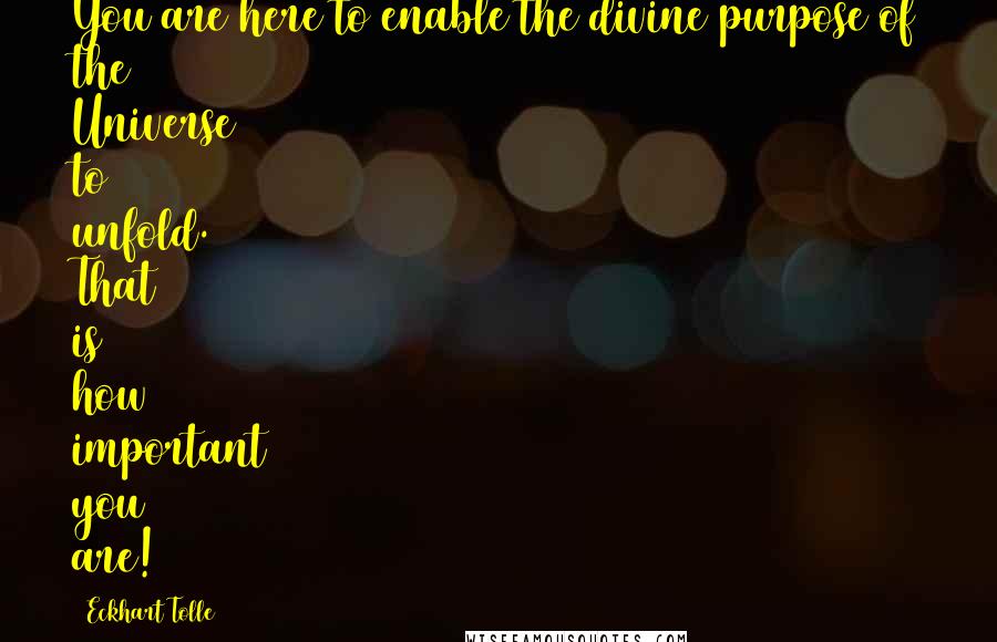 Eckhart Tolle Quotes: You are here to enable the divine purpose of the Universe to unfold. That is how important you are!