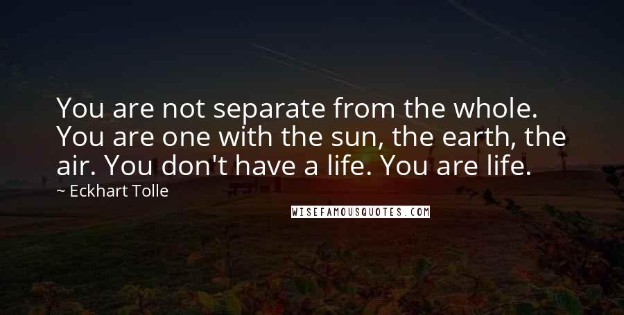 Eckhart Tolle Quotes: You are not separate from the whole. You are one with the sun, the earth, the air. You don't have a life. You are life.
