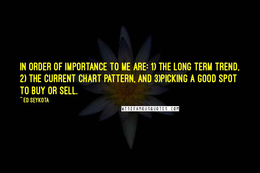 Ed Seykota Quotes: In order of importance to me are: 1) the long term trend, 2) the current chart pattern, and 3)picking a good spot to buy or sell.