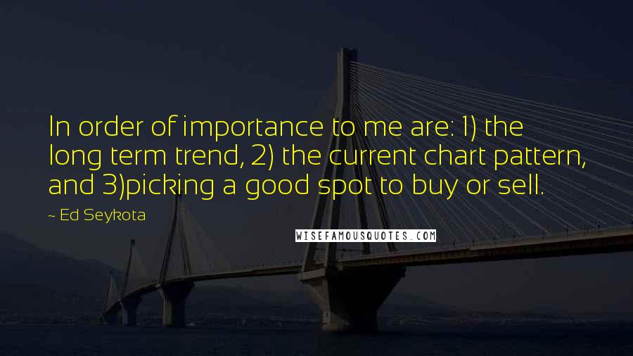 Ed Seykota Quotes: In order of importance to me are: 1) the long term trend, 2) the current chart pattern, and 3)picking a good spot to buy or sell.