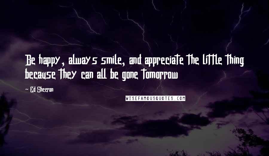 Ed Sheeran Quotes: Be happy, always smile, and appreciate the little thing because they can all be gone tomorrow