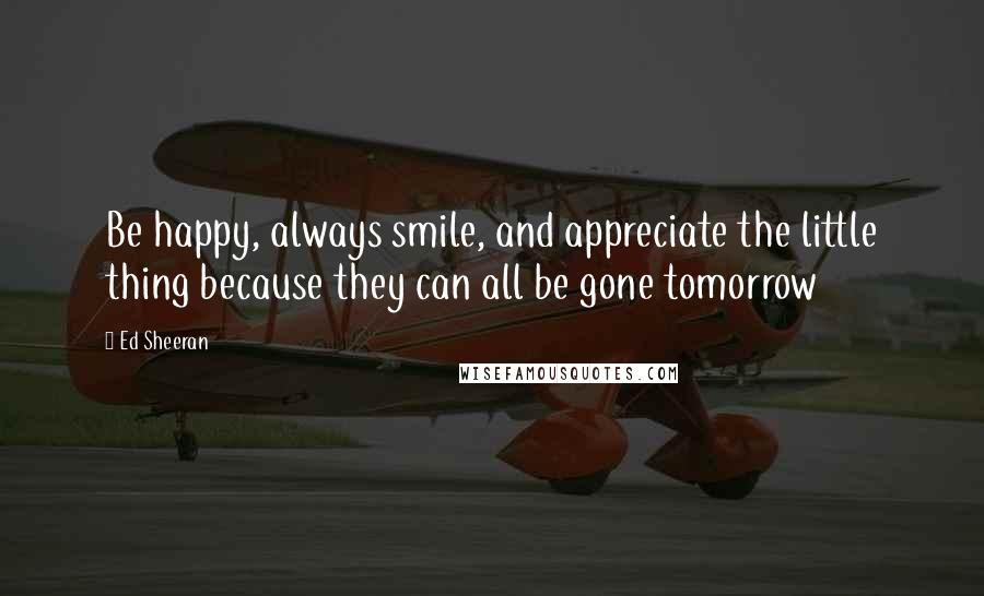 Ed Sheeran Quotes: Be happy, always smile, and appreciate the little thing because they can all be gone tomorrow