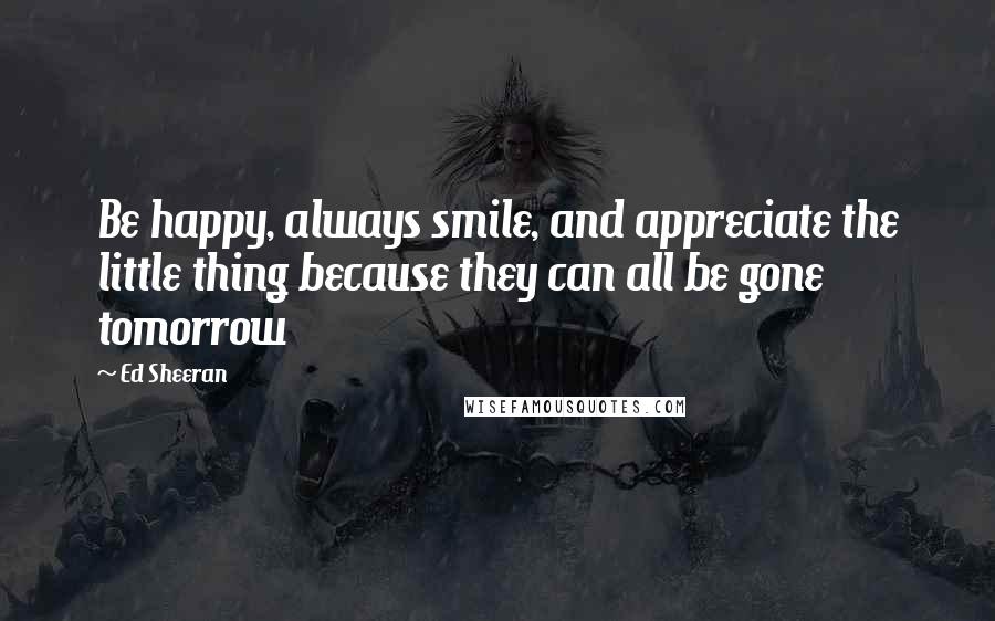 Ed Sheeran Quotes: Be happy, always smile, and appreciate the little thing because they can all be gone tomorrow