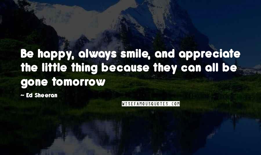 Ed Sheeran Quotes: Be happy, always smile, and appreciate the little thing because they can all be gone tomorrow