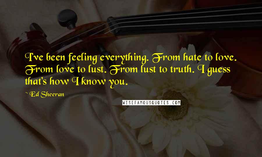 Ed Sheeran Quotes: I've been feeling everything. From hate to love. From love to lust. From lust to truth. I guess that's how I know you.