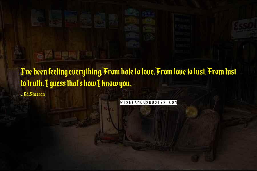 Ed Sheeran Quotes: I've been feeling everything. From hate to love. From love to lust. From lust to truth. I guess that's how I know you.