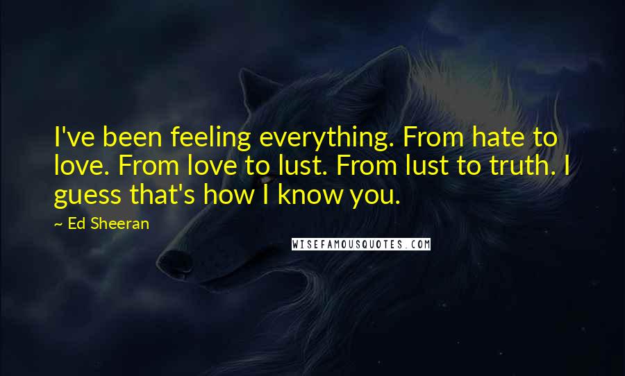 Ed Sheeran Quotes: I've been feeling everything. From hate to love. From love to lust. From lust to truth. I guess that's how I know you.