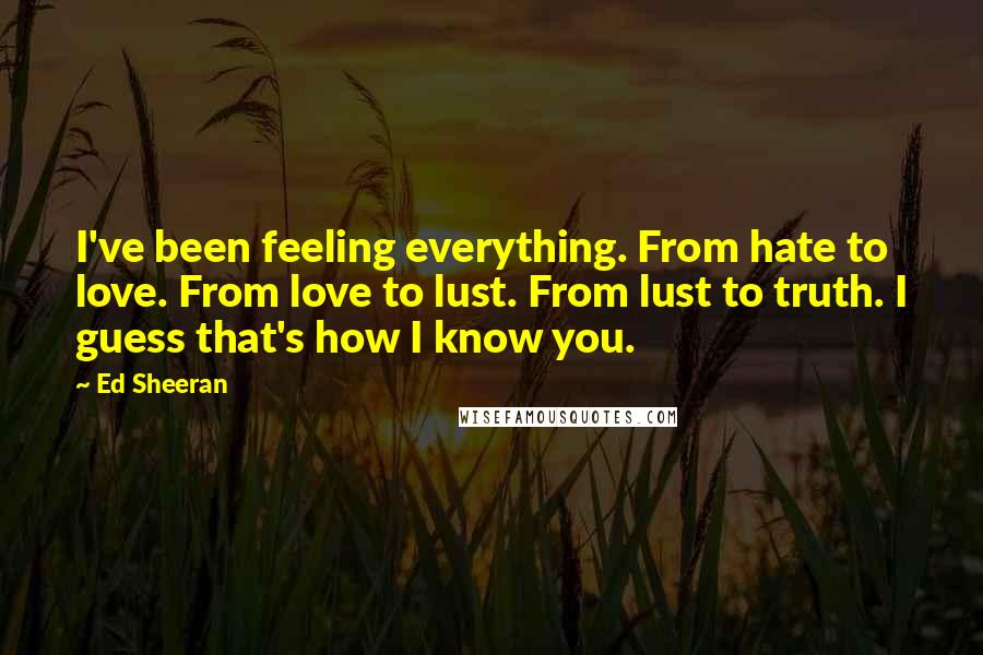 Ed Sheeran Quotes: I've been feeling everything. From hate to love. From love to lust. From lust to truth. I guess that's how I know you.