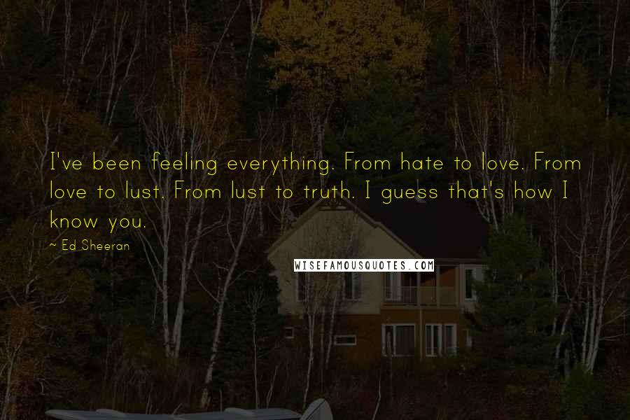 Ed Sheeran Quotes: I've been feeling everything. From hate to love. From love to lust. From lust to truth. I guess that's how I know you.