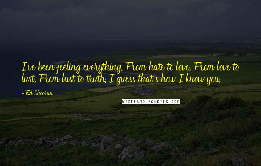 Ed Sheeran Quotes: I've been feeling everything. From hate to love. From love to lust. From lust to truth. I guess that's how I know you.