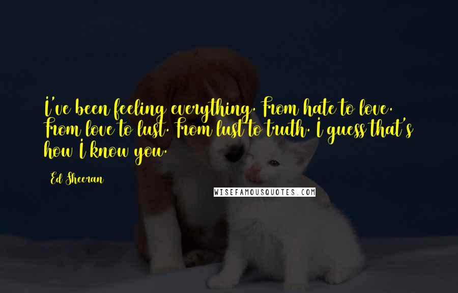 Ed Sheeran Quotes: I've been feeling everything. From hate to love. From love to lust. From lust to truth. I guess that's how I know you.