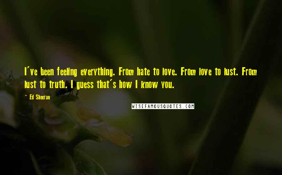 Ed Sheeran Quotes: I've been feeling everything. From hate to love. From love to lust. From lust to truth. I guess that's how I know you.