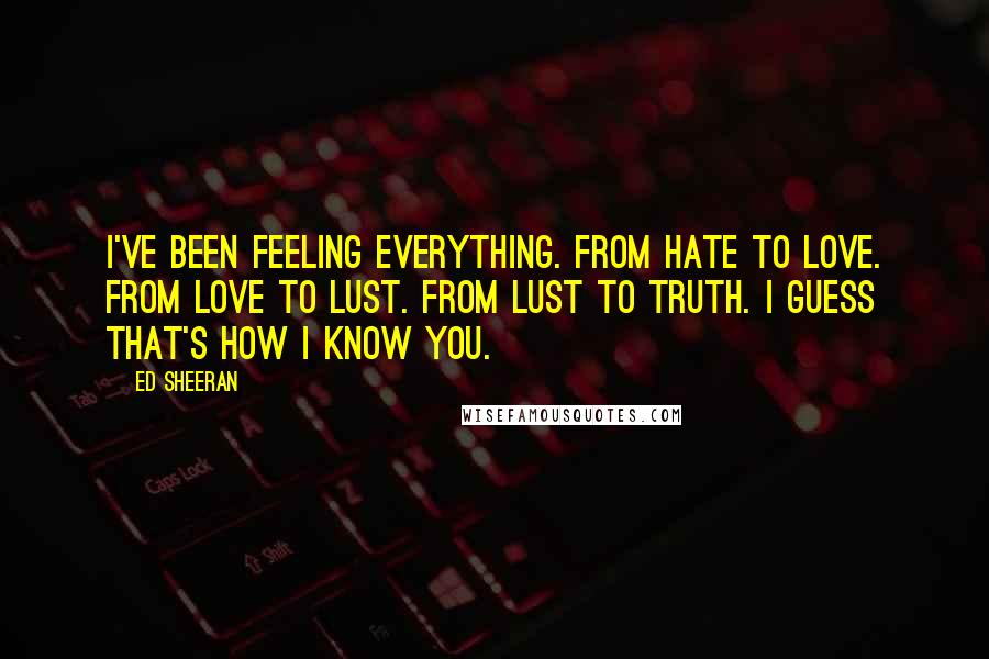 Ed Sheeran Quotes: I've been feeling everything. From hate to love. From love to lust. From lust to truth. I guess that's how I know you.