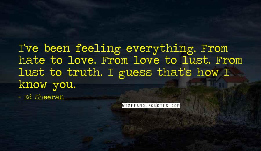 Ed Sheeran Quotes: I've been feeling everything. From hate to love. From love to lust. From lust to truth. I guess that's how I know you.