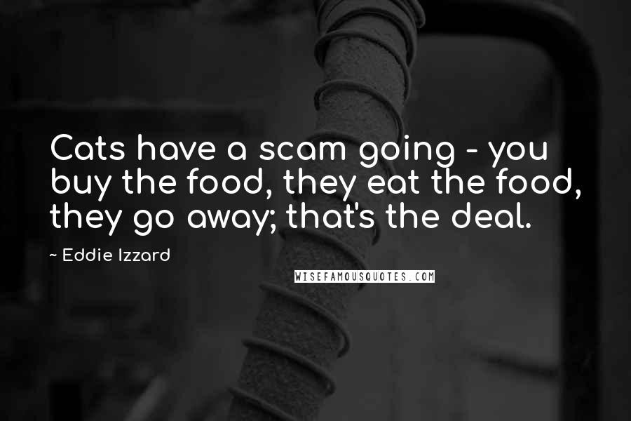 Eddie Izzard Quotes: Cats have a scam going - you buy the food, they eat the food, they go away; that's the deal.