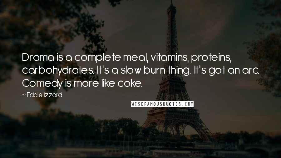 Eddie Izzard Quotes: Drama is a complete meal, vitamins, proteins, carbohydrates. It's a slow burn thing. It's got an arc. Comedy is more like coke.