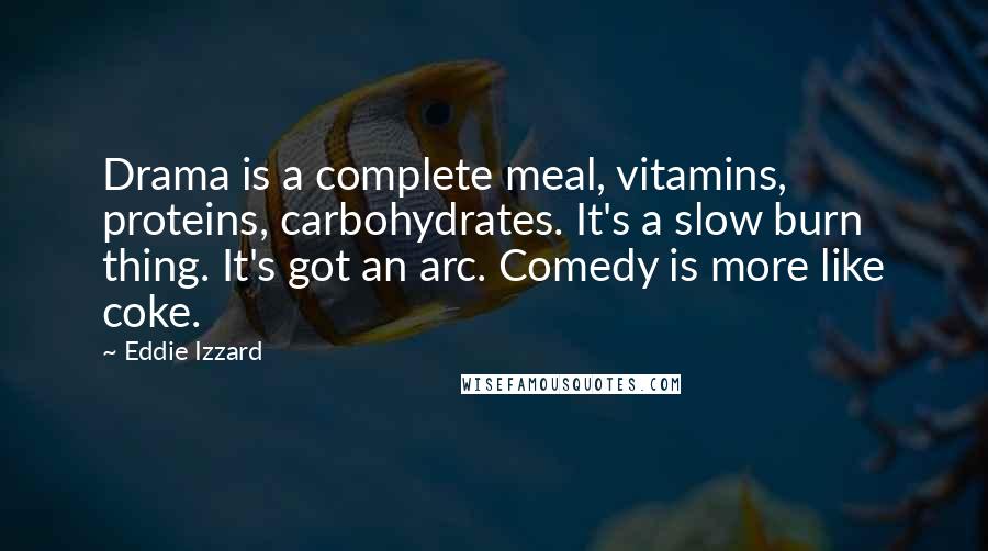 Eddie Izzard Quotes: Drama is a complete meal, vitamins, proteins, carbohydrates. It's a slow burn thing. It's got an arc. Comedy is more like coke.