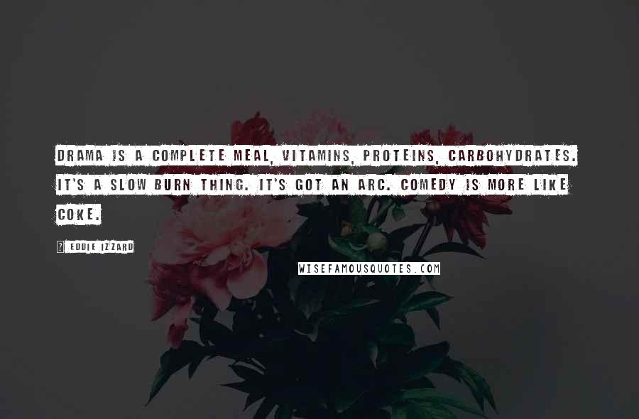 Eddie Izzard Quotes: Drama is a complete meal, vitamins, proteins, carbohydrates. It's a slow burn thing. It's got an arc. Comedy is more like coke.