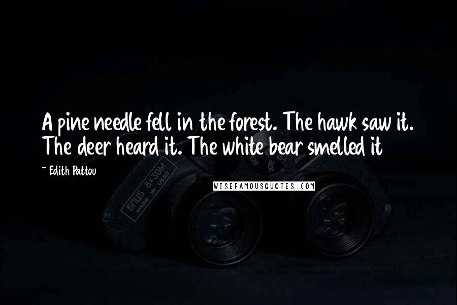 Edith Pattou Quotes: A pine needle fell in the forest. The hawk saw it. The deer heard it. The white bear smelled it