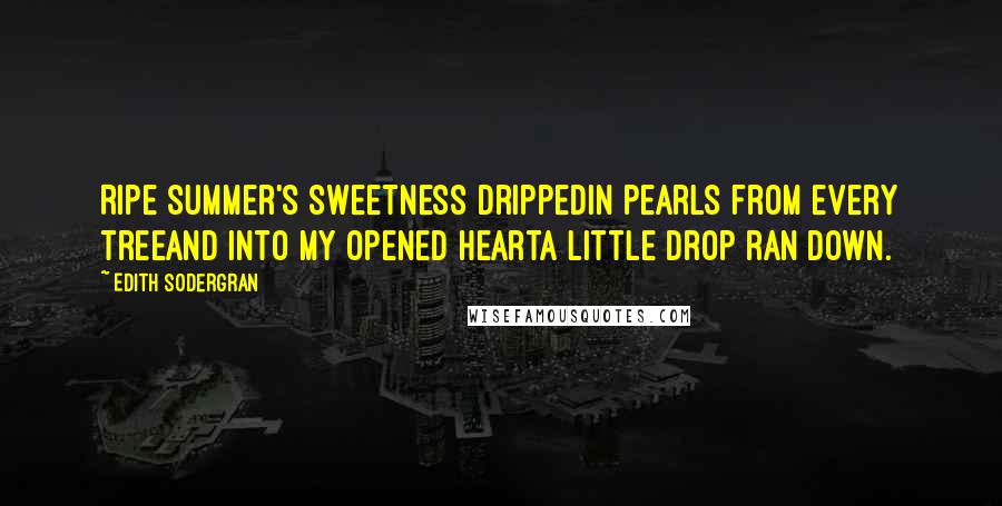 Edith Sodergran Quotes: Ripe summer's sweetness drippedin pearls from every treeand into my opened hearta little drop ran down.