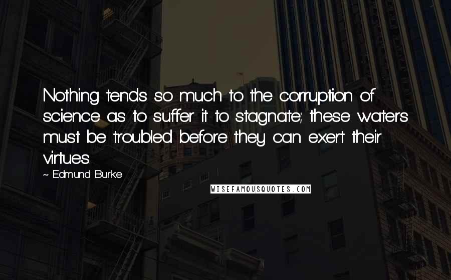 Edmund Burke Quotes: Nothing tends so much to the corruption of science as to suffer it to stagnate; these waters must be troubled before they can exert their virtues.