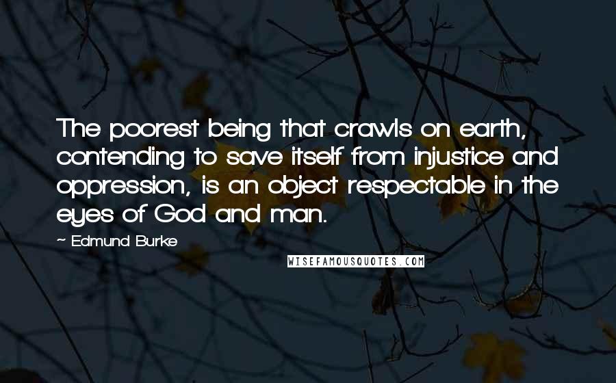 Edmund Burke Quotes: The poorest being that crawls on earth, contending to save itself from injustice and oppression, is an object respectable in the eyes of God and man.