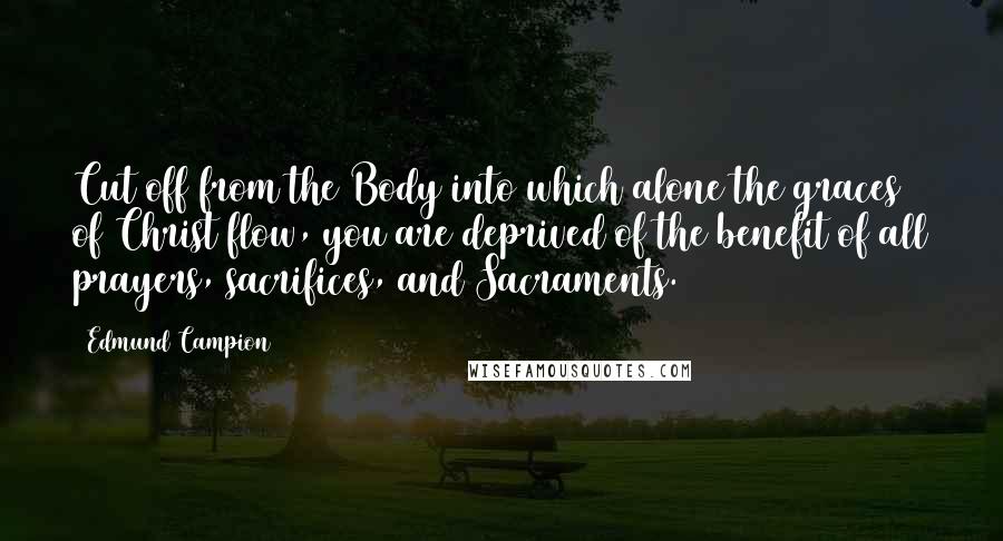 Edmund Campion Quotes: Cut off from the Body into which alone the graces of Christ flow, you are deprived of the benefit of all prayers, sacrifices, and Sacraments.