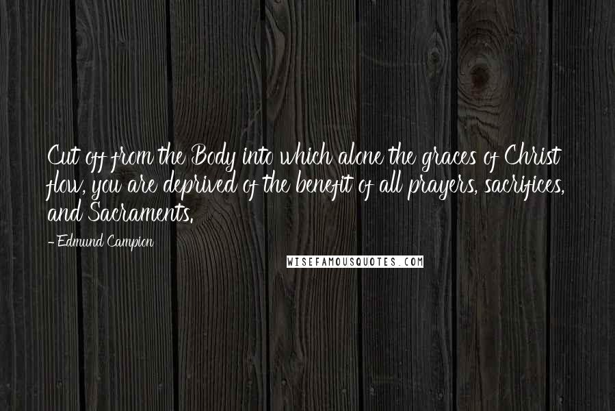 Edmund Campion Quotes: Cut off from the Body into which alone the graces of Christ flow, you are deprived of the benefit of all prayers, sacrifices, and Sacraments.