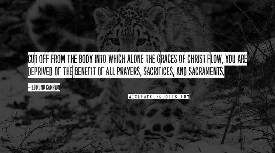 Edmund Campion Quotes: Cut off from the Body into which alone the graces of Christ flow, you are deprived of the benefit of all prayers, sacrifices, and Sacraments.