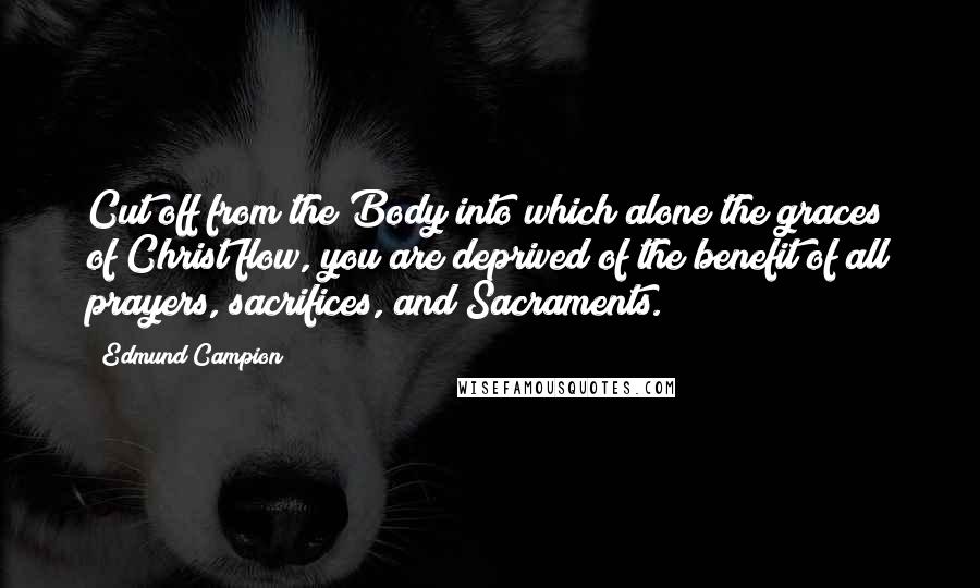 Edmund Campion Quotes: Cut off from the Body into which alone the graces of Christ flow, you are deprived of the benefit of all prayers, sacrifices, and Sacraments.