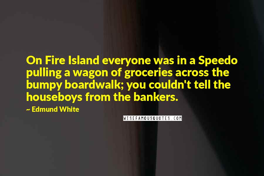 Edmund White Quotes: On Fire Island everyone was in a Speedo pulling a wagon of groceries across the bumpy boardwalk; you couldn't tell the houseboys from the bankers.