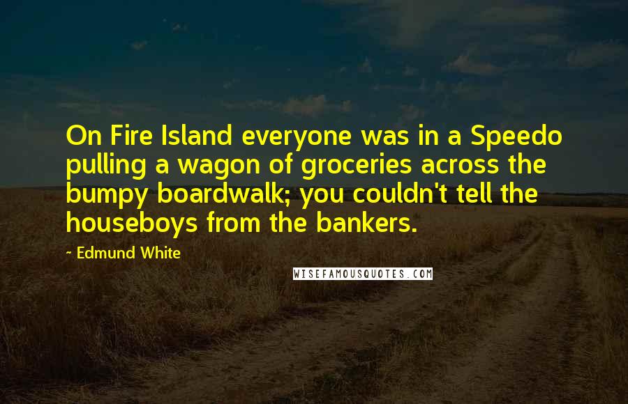 Edmund White Quotes: On Fire Island everyone was in a Speedo pulling a wagon of groceries across the bumpy boardwalk; you couldn't tell the houseboys from the bankers.