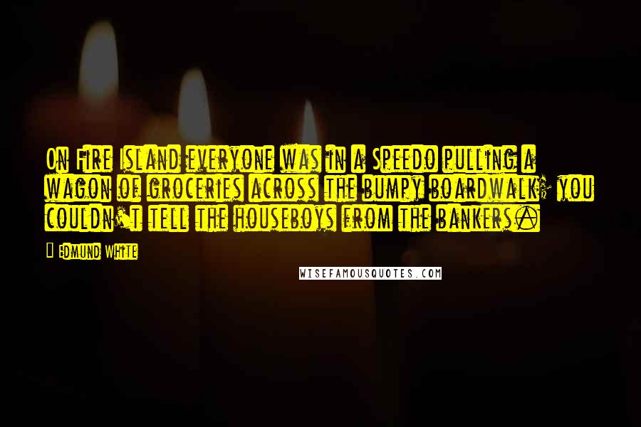 Edmund White Quotes: On Fire Island everyone was in a Speedo pulling a wagon of groceries across the bumpy boardwalk; you couldn't tell the houseboys from the bankers.